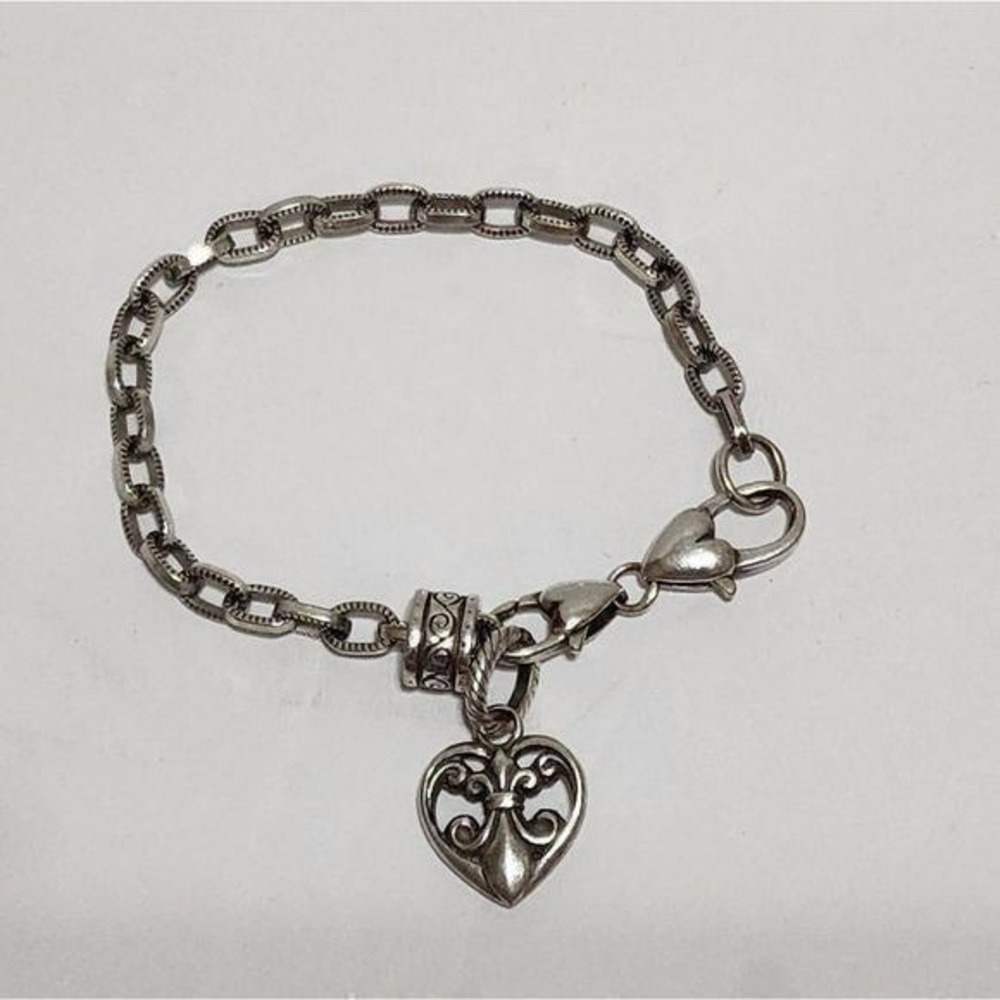 Charm‎ Bracelet Silver Color Heart Fleur de Lis Link Chain Jewelry